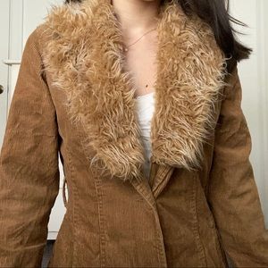 MY COLLECTION Corduroy Trench Coat with Faux Fur Collar